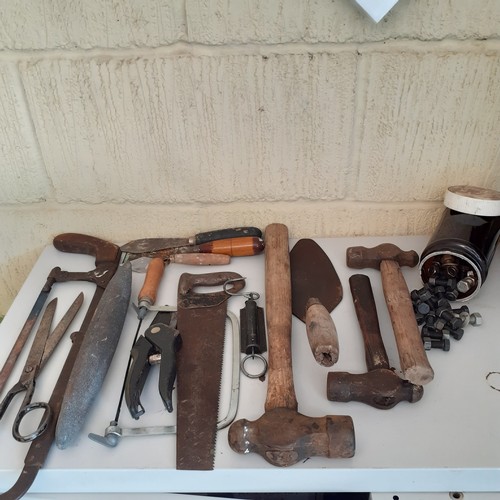 12 - A good quantity of mainly old hand tools. Includes hand 1lb clump hammer, a Sheffield made Marples s... 