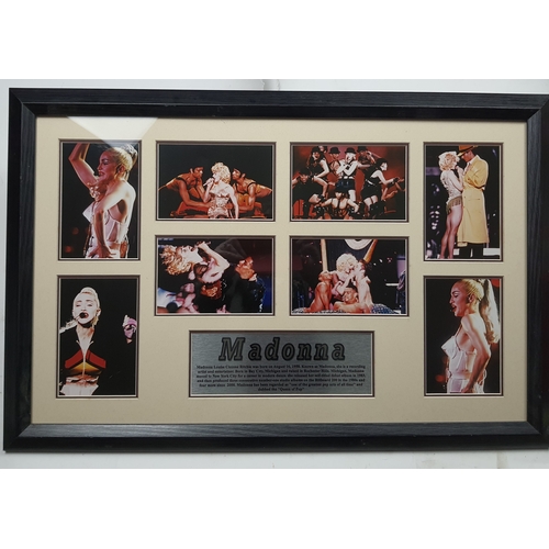 118A - Framed and glazed Madonna print. 8 colour prints of Madonna on stage, includes a metal bio plaque. S... 