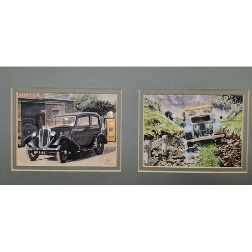 116A - Framed and glazed “Classic British Motorcars”. 6 colour prints in double mount. Morris 8, Land Rover... 