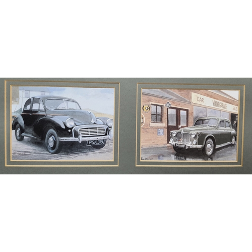 116A - Framed and glazed “Classic British Motorcars”. 6 colour prints in double mount. Morris 8, Land Rover... 