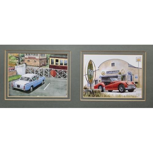 116A - Framed and glazed “Classic British Motorcars”. 6 colour prints in double mount. Morris 8, Land Rover... 