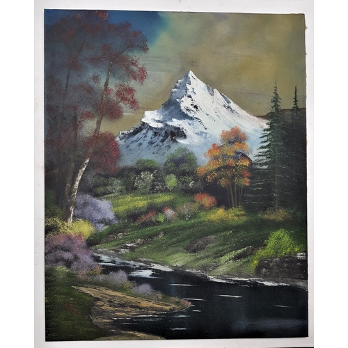 115A - Original oils on canvas board. Scenic painting of trees, mountains and a river. Size: 40.5 cm x 50.5... 