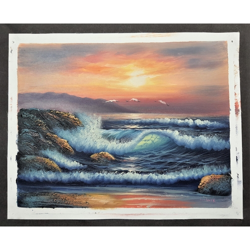 114A - Original 3D oils and other medium on canvas. Stunning sunset over waves crashing over rocks. Size: 4... 