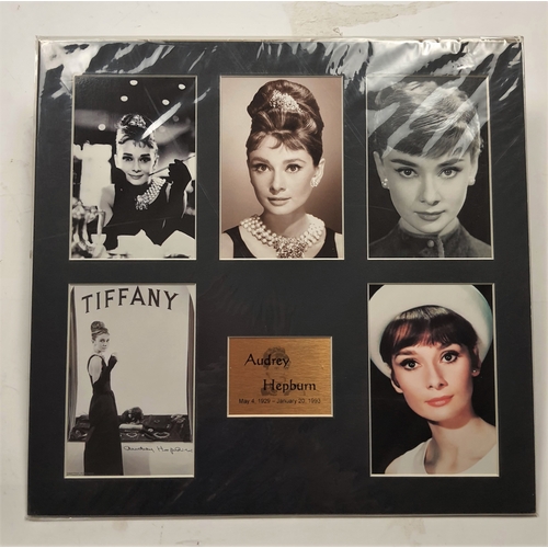 107A - Audrey Hepburn. 4 black & white prints, 1 colour prints plus metal plaque in mount. Sealed. Size: 37... 