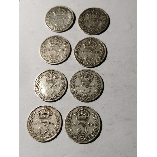 27A - 8 x Edward Vll silver threepences 1902 to 1910