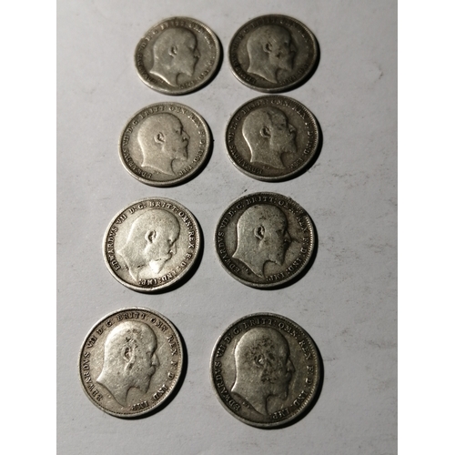 27A - 8 x Edward Vll silver threepences 1902 to 1910