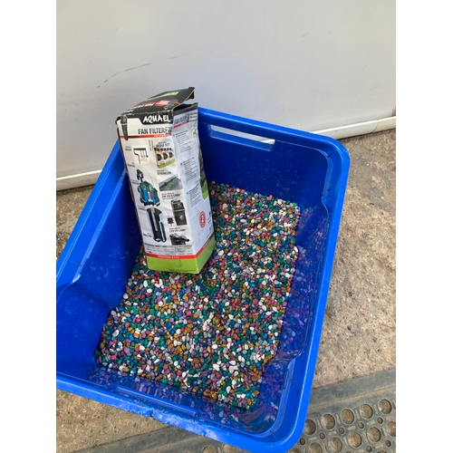 338 - Large quantity of multi coloured aquarium pebbles & a fan filter