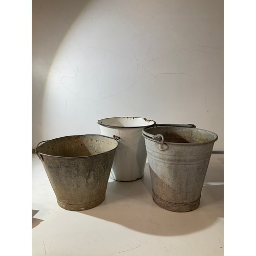 135 - 2 x glavenized buckets and one white  enamel bucket