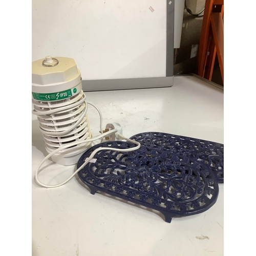 302 - Two blue cast iron stands plus a fly zapper