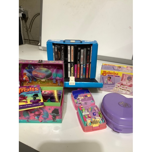 379 - Selection of toys, Polly pocket times two ballerina & trolls music boxes plus Thomas the tank tape S... 