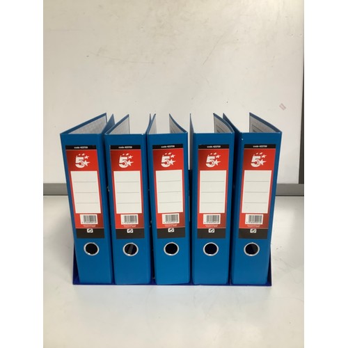 355 - 5 brand new lever arch blue files in metal wall hanging shelf