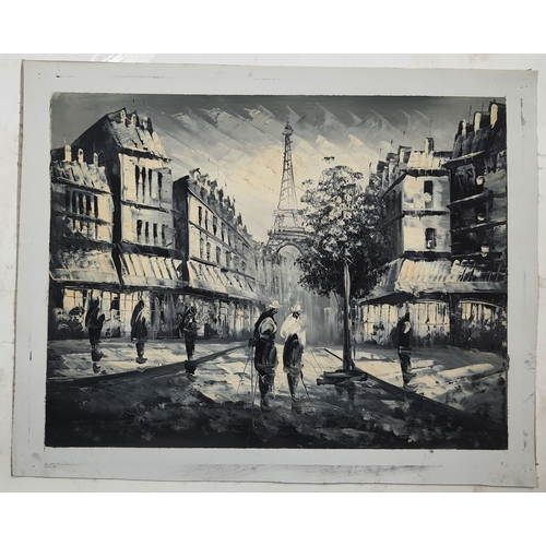 123A - 2 oil on canvas, 1 monochrome, 1 colour depicting street scenes. Size: 48 cm x 38.5 cm.