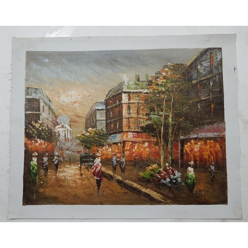 123A - 2 oil on canvas, 1 monochrome, 1 colour depicting street scenes. Size: 48 cm x 38.5 cm.