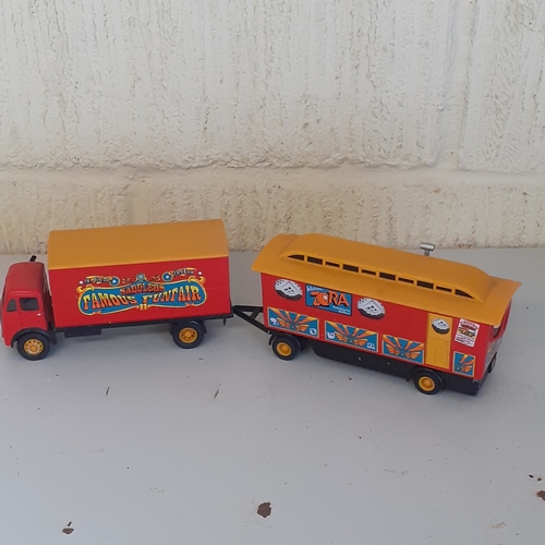 1 - Saddlers Famous Funfair diecast truck and trailer by Corgi caravan.