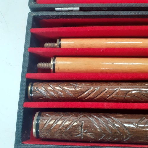 16 - Pool cue in case. Nice carved wooden handle, brass trimmings. Approx 58