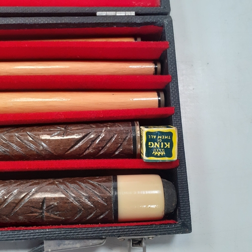 16 - Pool cue in case. Nice carved wooden handle, brass trimmings. Approx 58