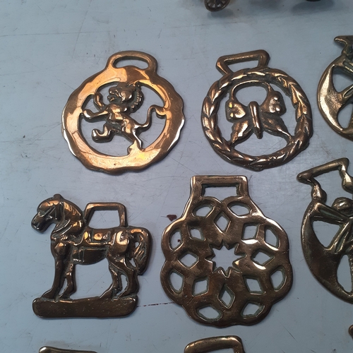 20 - Quantity of horse brasses with a small brass carraige. Unusual more rare brass depicting spiders web... 