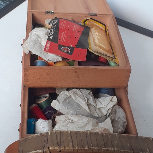 24 - Cantilever sewing box and contents. Floor standing, good condition but one small stud missing