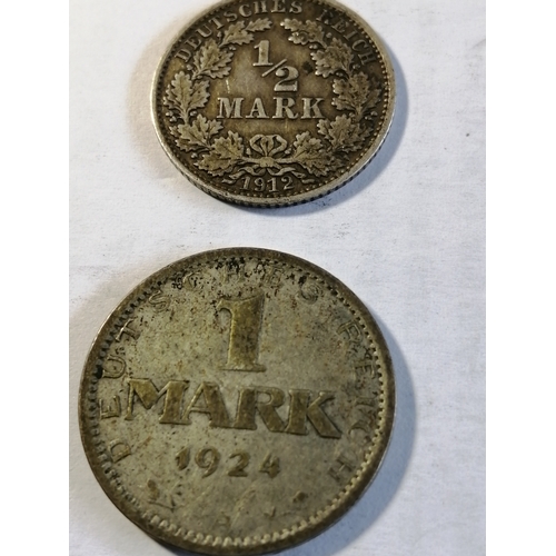 36A - GERMANY 2 x silver coins : Half Mark 1912 and 1 Mark 1924