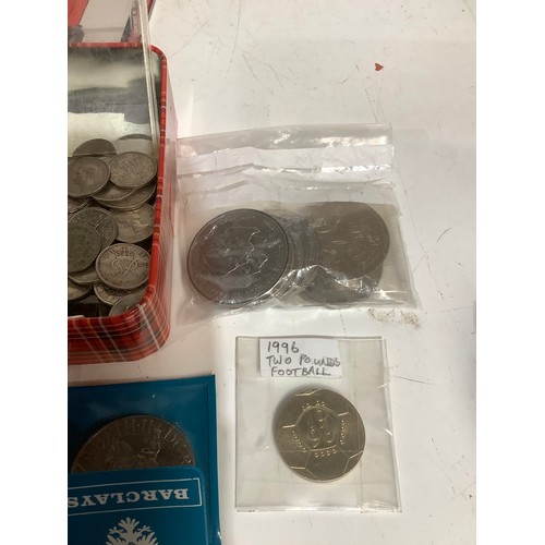 91 - Tin of coins 1986 Scottish £2, 1996 football £2, Crowns, 3p - silver noted