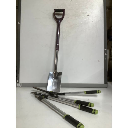 339 - Spade, looks new condition. Two Wilco loppers plus hedge trimmer