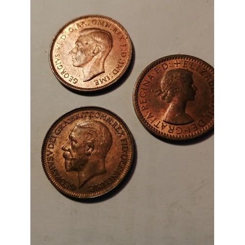 20A - 3 x farthings dated: 1932,45 and 1954 All coins in about mint condition with lustre