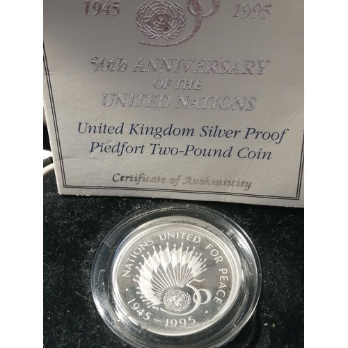 29A - 1995 silver proof PIEDFORT 2 pounds coin (anniversary of United Nations) in original black presentat... 