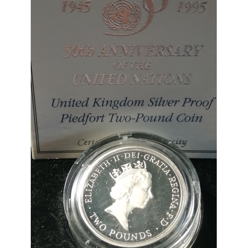 29A - 1995 silver proof PIEDFORT 2 pounds coin (anniversary of United Nations) in original black presentat... 