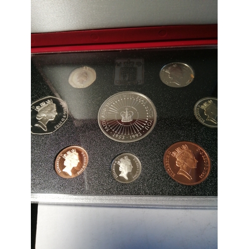 30A - 1993 proof set 5 pounds to 1p (8 coins) in red deluxe leather case