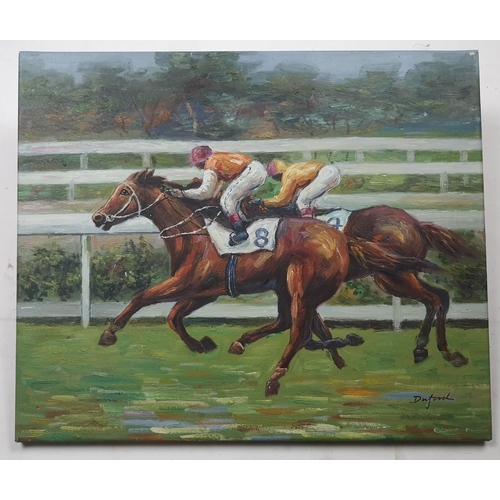 102A - Stretched oil on canvas of horseracing by Duford. Size: 61 cm x 51 cm.