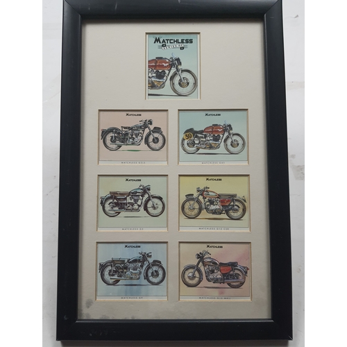 114A - Framed and glazed “Matchless Motorcycles” a series of 6 colour cigarette card style prints. Size: 24... 