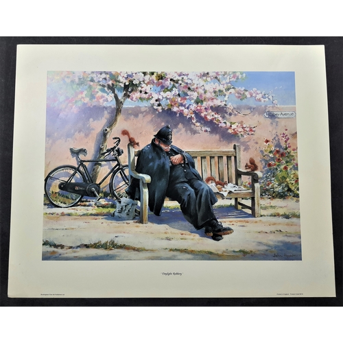 106A - Colour print “Daylight Robbery” shows a policeman asleep on Letsbey Avenue while squirrels eat his l... 