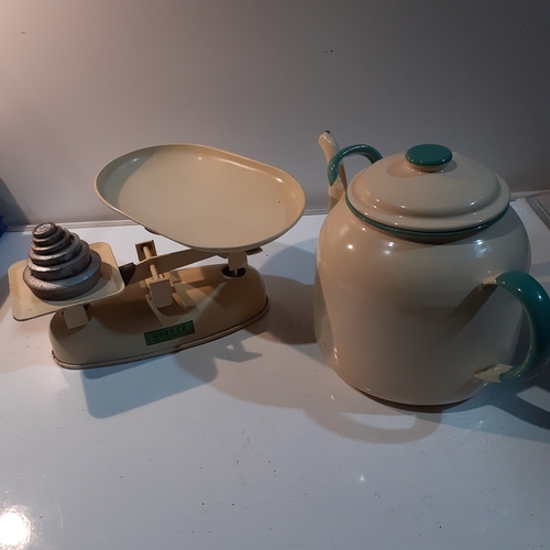 3 - Cream enamel, Harper kitchen scales and a set of weights with a large cream enamel teapot. Green tri... 