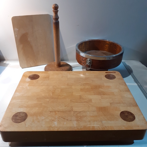 35 - Wooden items including a large, thick and heavy Typhoon bread board, a footed fruit bowl with a lion... 