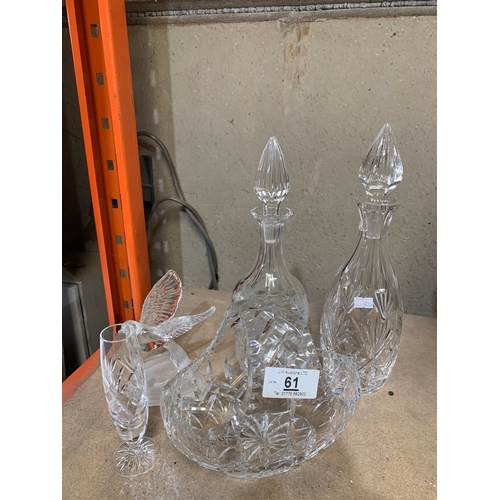 61 - Crystal glass decanters, basket & bird