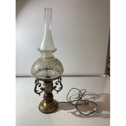 66 - Electric converted brass & wood oil lamp