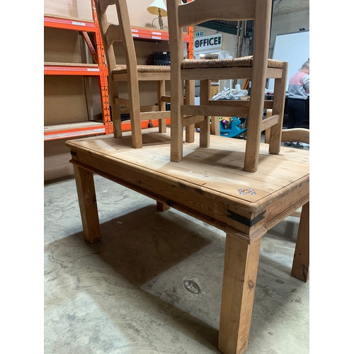 326 - Chunky pine table with 4 chairs & tiled detailing