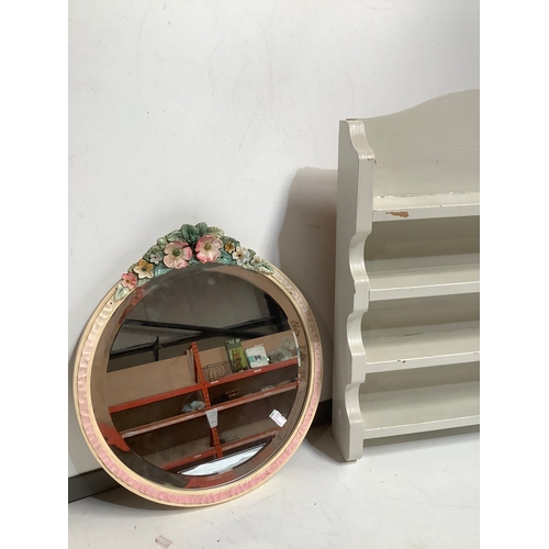 306 - Small wood shelve unit & ornate mirror