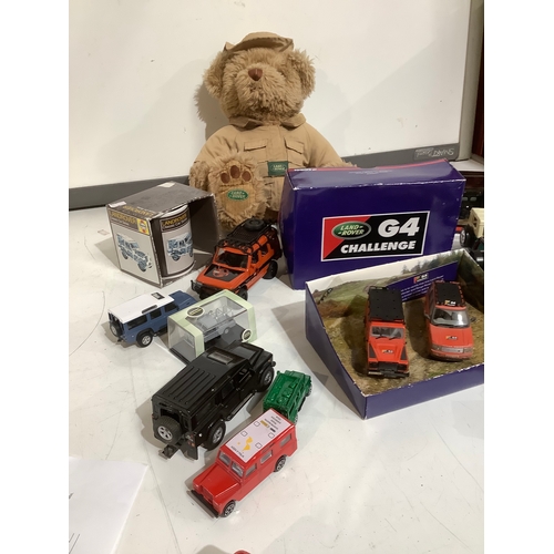 395 - Collection of Land Rovers includes Corgi etc + Land Rover Teddy