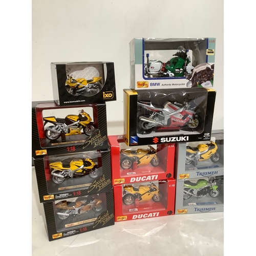 398 - Collection of 1-18 scale motorcycle models including triumph Yamaha Ducati Suzuki BMW