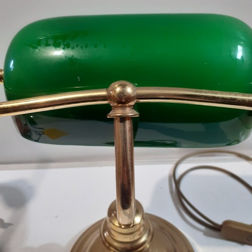 7A - Banker's desk lamp. Green glass shade and brass finish. Unfortunate damage to glass shade. Lamp work... 