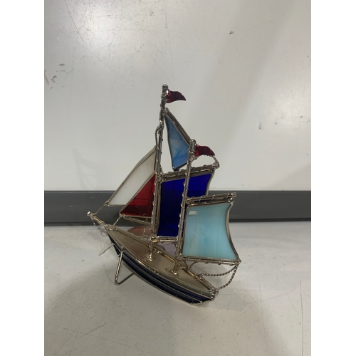 55 - Vintage mid-century metal and stained glass sailboat. Suncatcher. Red, white and blue