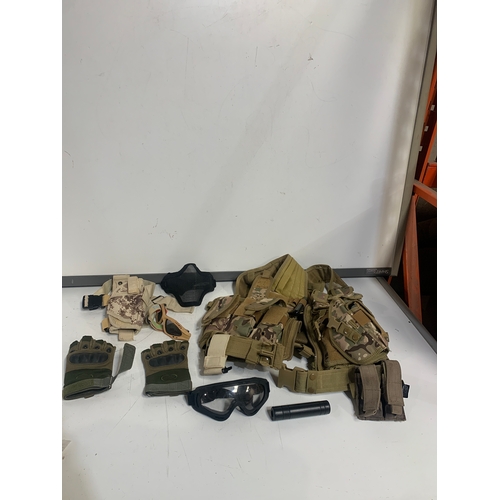 58 - Air soft camo kit inc vest approx size large with multi pockets, ammo pouch, gloves & goggles