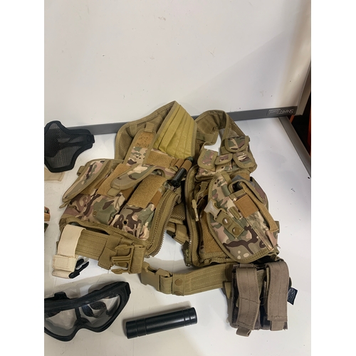 58 - Air soft camo kit inc vest approx size large with multi pockets, ammo pouch, gloves & goggles