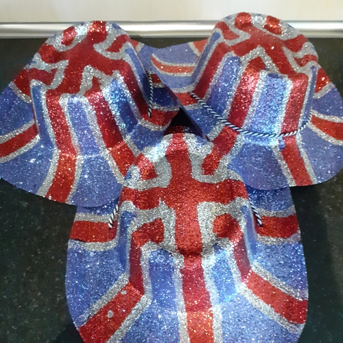 2 - 3 glittery, Union flag cowboy style hats. Never worn. As new