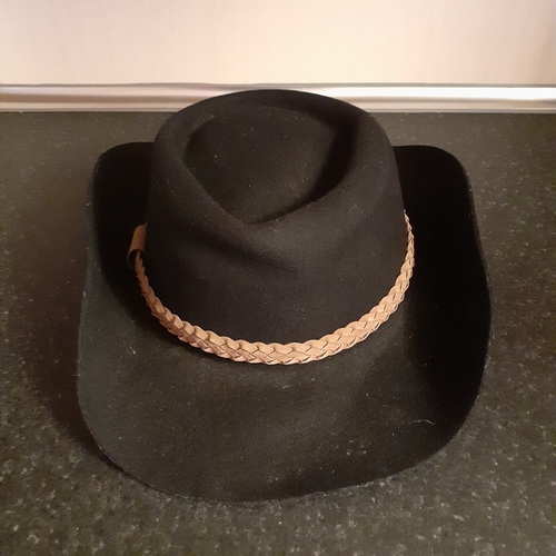 18 - Cowboy hat 100% wool. Has braided trim.  Size large. Good condition but could do with a brush as bit... 