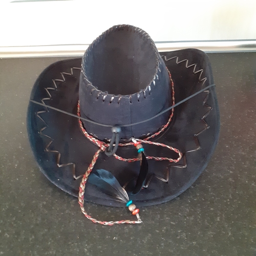 4 - Black felt type material cowboy hat with colourful braid and feathers.  No makers or size, looks to ... 