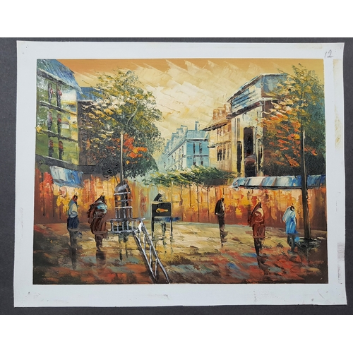 111A - 2 oil on canvas showing late 19th century street scenes. Size: 48 cm x 38.5 cm