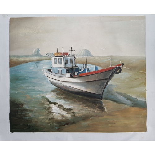 118A - Large oil on canvas of boat on the water. Size: 70 cm x 61 cm.