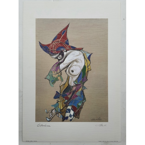 103A - 3 colour prints of harlequins/clowns on textured card. Size: 35 cm x 50 cm.